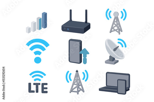 Network connectivity icons: signal, router, wifi, lte, antenna, satellite, device