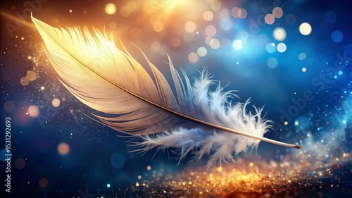 Delicate feather floating in ethereal light with golden and blue bokeh for a dreamy, peaceful illustration.