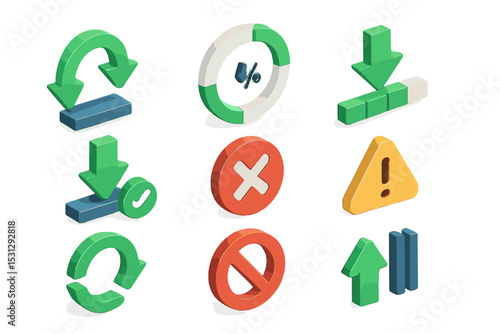 Colorful 3d icons for download, error, refresh, and warning symbols