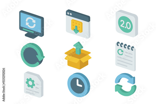 Isometric technology icons set with synchronization and updates