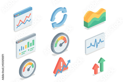 Colorful isometric infographics set with graphs and charts