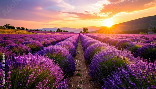 Pathway Through Blooming Lavender Field at Sunset in Vibrant Hues