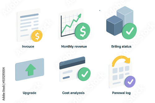 Financial dashboard interface with graph, invoice, and billing status icons