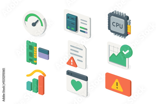 Isometric icons of technology elements including cpu and data analysis