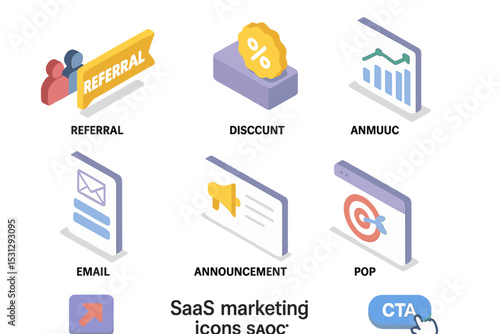 Saas marketing icons: referral, discount, analytics, email, announcement, cta