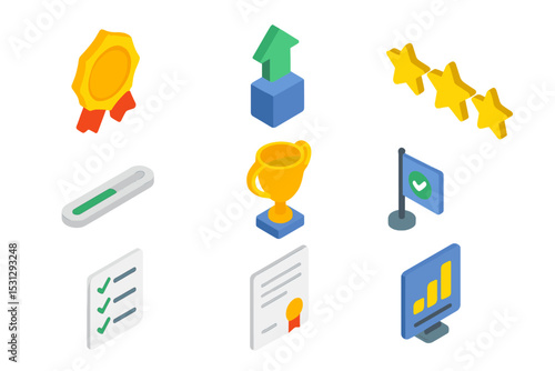 Isometric icons of awards and achievements in business and success concept