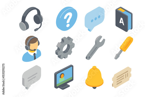 Isometric tech support icons with tools, headset, and notification bell
