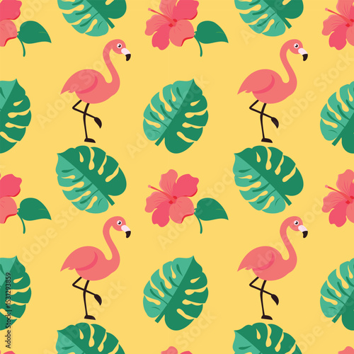 Tropical summer pattern with flamingos and monstera leaves on a yellow backgroubd