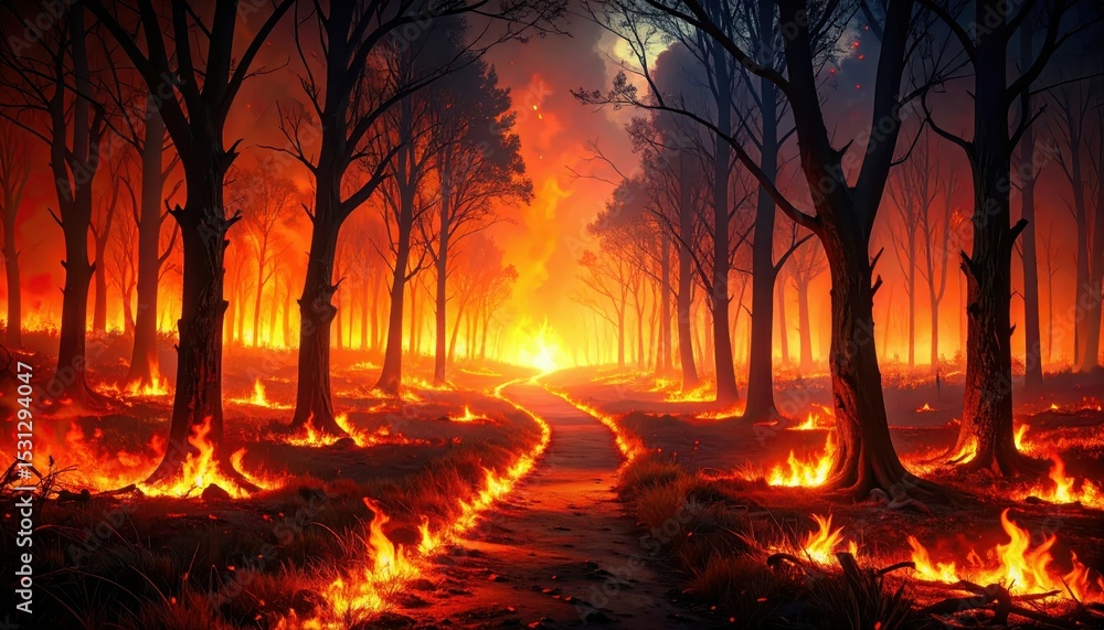 Obraz premium Pathway Through Field of Glowing Embers Aftermath of Fire