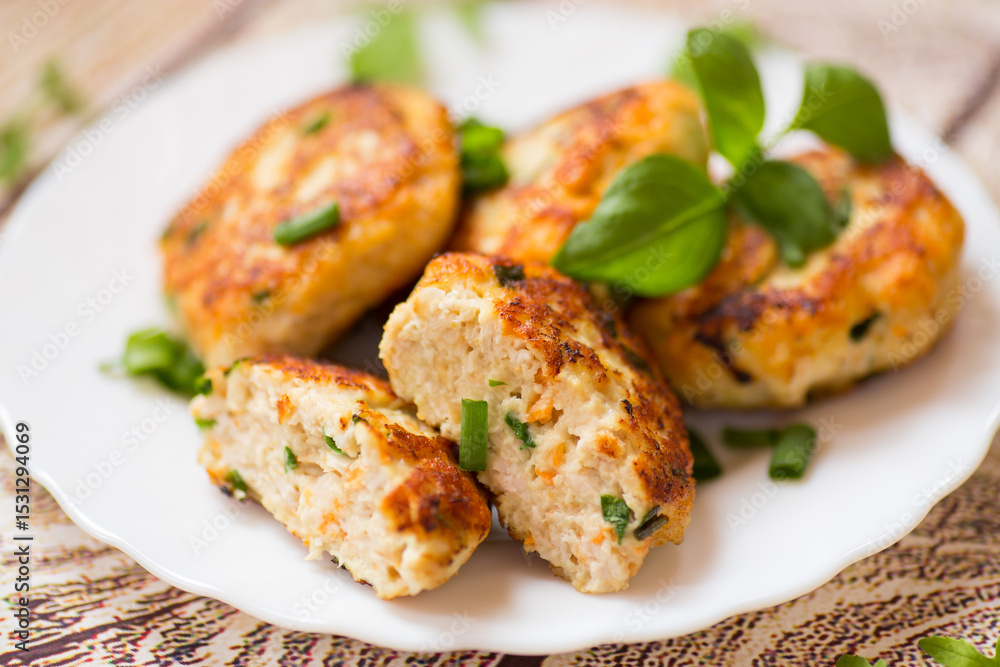 cooked chicken cutlets with herbs on a wooden table cooked chicken cutlets with herbs on a wooden table