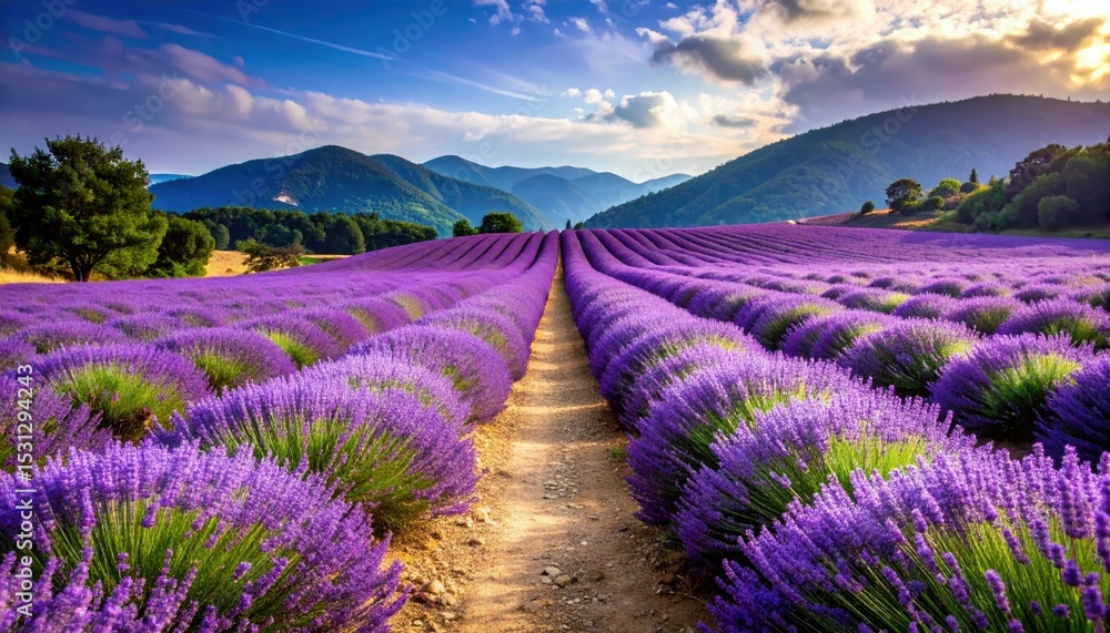 Fototapeta premium Serene Pathway Through Lavender Fields bathed in Purple Hues