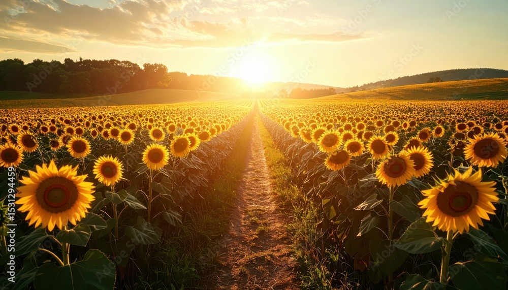 Fototapeta premium Bright Pathway Through Sunflower Field Under Noon Sunlight