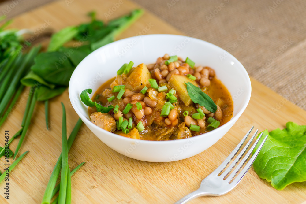 Traditional stewed stew with beans and meat in a country kitchen Traditional stewed stew with beans and meat in a country kitchen
