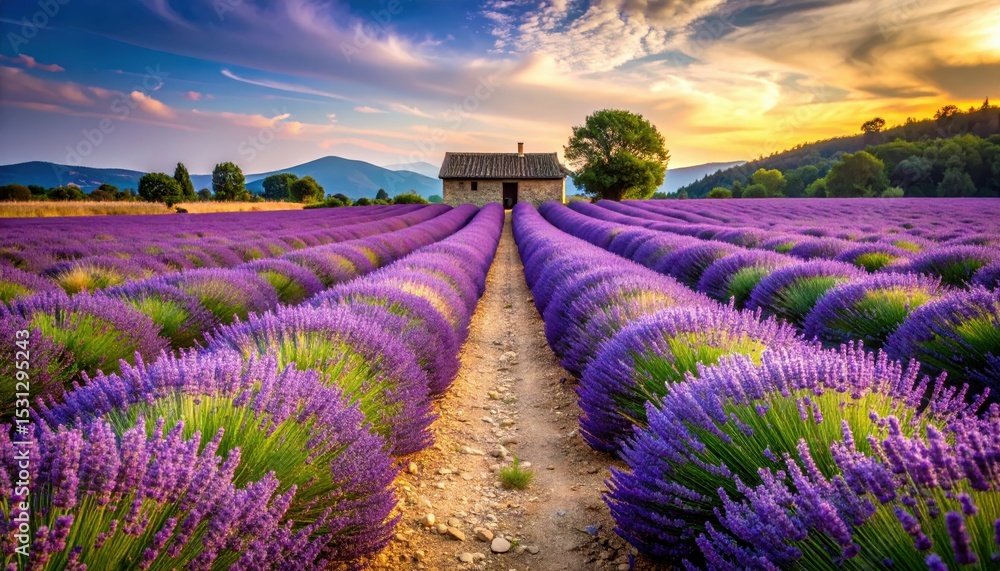 Vibrant Lavender Pathway Through Picturesque Field in South France Vibrant Lavender Pathway Through Picturesque Field in South France