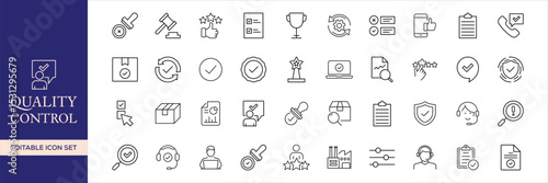 Quality control set of web icons in line style. Quality Check computing icons for web and mobile app. Containing inspection, evaluation, production, quality assurance, certificate, testing and more
