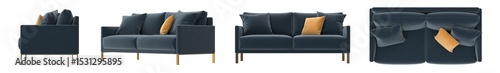 navy velvet loveseat with orange accent pillow multiple view isolated.