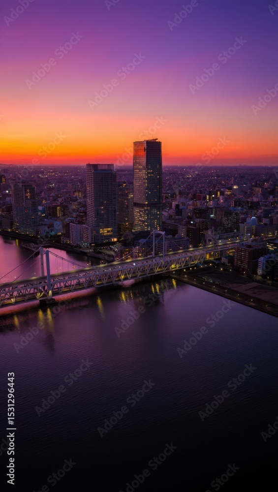 Naklejka premium Tokyo cityscape sunset aerial view bridge skyline