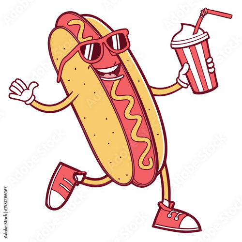 Cool Cartoon Hot Dog Character Illustration Happy Hotdog with Sunglasses and Soda