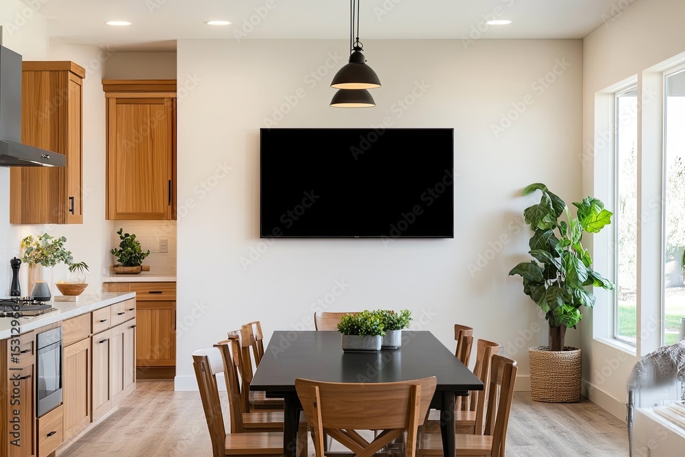 Fototapeta premium Open-concept kitchen/dining area with modern farmhouse style