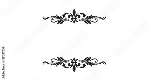Classic black symmetrical ornaments featuring fleur-de-lis and floral scrollwork. vintage decorative dividers for elegant invitations, formal documents, and sophisticated design projects, isolated.