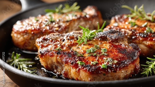 Three juicy pan-seared pork chops seasoned with fresh rosemary and thyme are sizzling in a dark cast iron skillet ready to be served.
