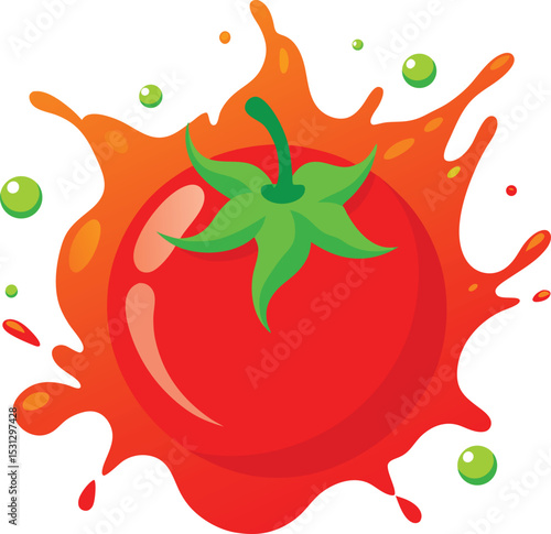 A delicious vector illustration of a vibrant red tomato with juice splatter and bubbles