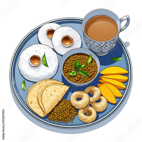 Vector illustration of a traditional Indian breakfast with steamed idli cakes, lentil curry, chapati bread, mango slices, ring-shaped sweets and masala tea in a decorated cup. Elegant food design on b