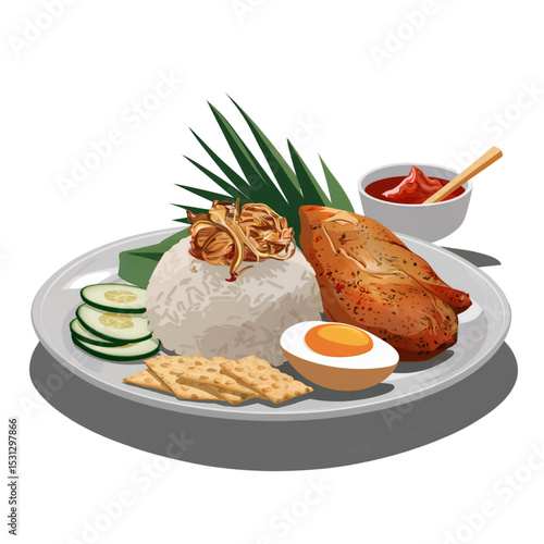 Vector illustration of a traditional Southeast Asian breakfast with coconut rice, fried chicken, half boiled egg, cucumber, crackers, sambal sauce, anchovies and banana leaf. Clean and centered food d