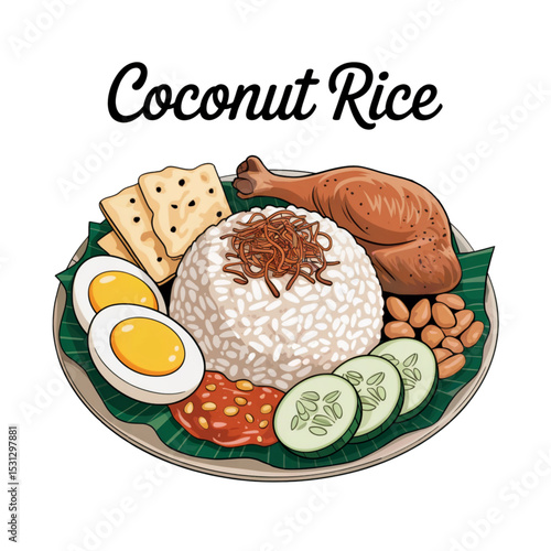 Vector illustration of a traditional Southeast Asian breakfast with coconut rice, fried chicken, half boiled egg, cucumber, crackers, sambal sauce, anchovies and banana leaf. Clean and centered food d