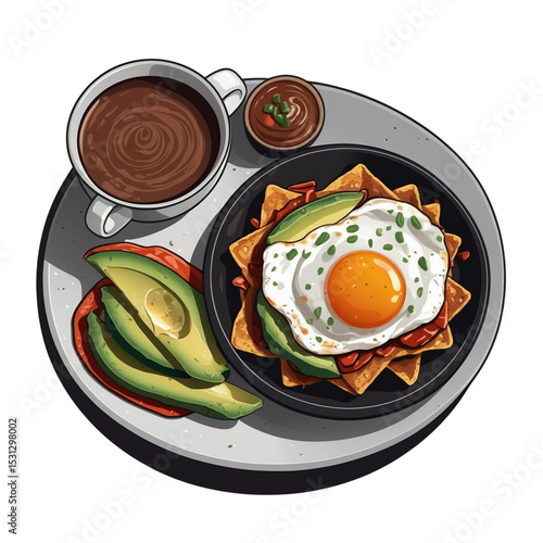 Vector illustration of a vibrant breakfast plate with chilaquiles topped with sunny side up egg, avocado slices, tomato, spicy sauce and cup of hot chocolate. Clean layout on white background.