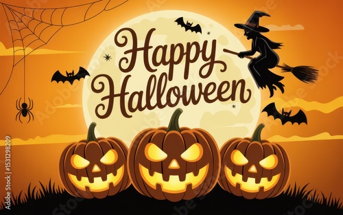Happy halloween greeting with witch bats pumpkins