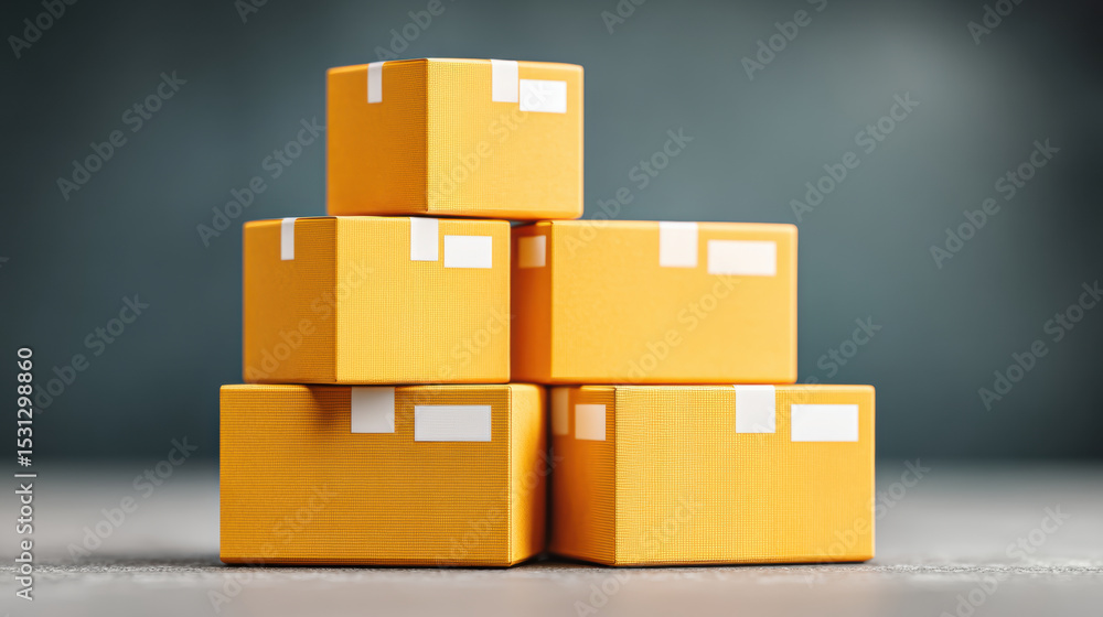 Fototapeta premium Stack of yellow boxes gray surface with dark background