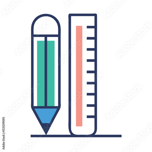 Colorful pencil and ruler icon in flat design style  