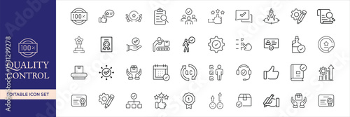Quality control set of web icons in line style. Quality Check computing icons for web and mobile app. Containing inspection, evaluation, production, quality assurance, certificate, testing and more