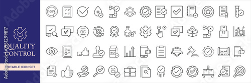 Quality control set of web icons in line style. Quality Check computing icons for web and mobile app. Containing inspection, evaluation, production, quality assurance, certificate, testing and more
