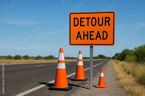 Detour ahead road sign with traffic cones on open highway during daytime