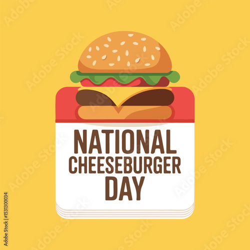 Colorful vector illustration of a classic cheeseburger with solid colors, including bun, cheese, patty, lettuce, and tomato. Perfect for National Cheeseburger Day promotions and social media.