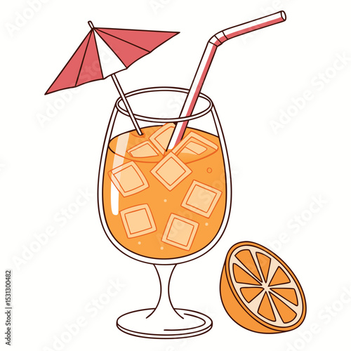 Refreshing Orange Cocktail Vector Illustration of a Summer Drink with Ice Cubes, Straw, and Little Umbrella