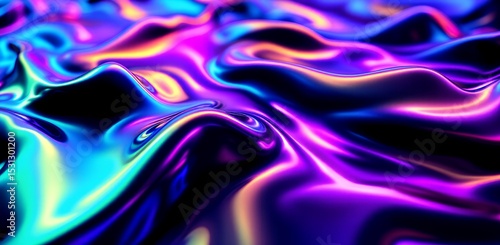 3D Render Metallic Liquid Background   Neon Holographic Foil Texture in Blue and Purple

