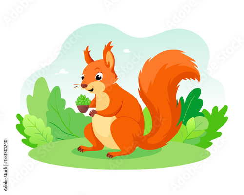 Cute red squirrel, sciurus vulgaris, eating a nut in green spring forest