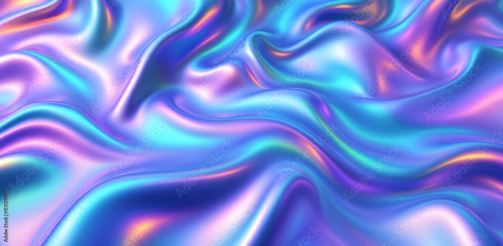 Obraz premium 3D Render Metallic Liquid Background Neon Holographic Foil Texture in Blue and Purple