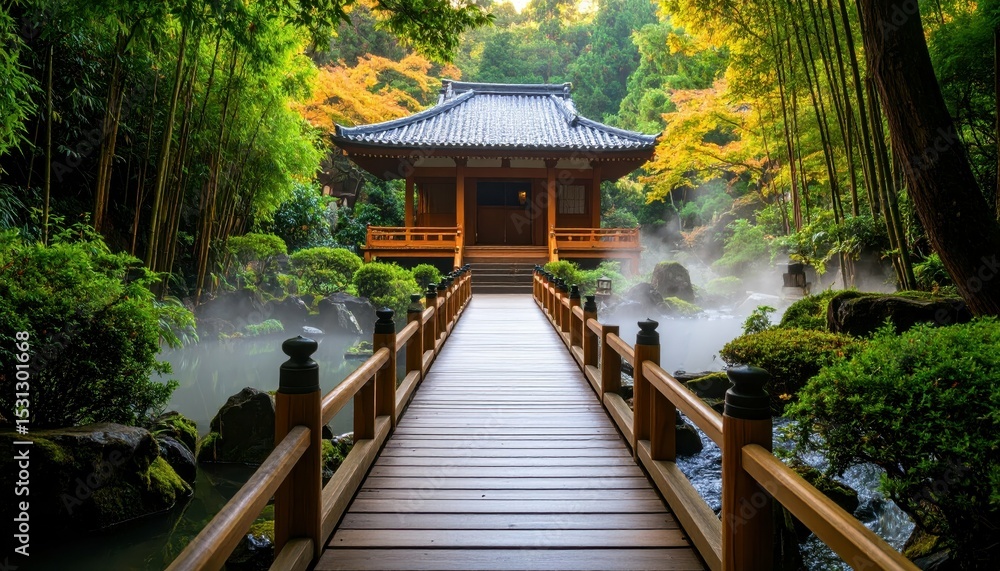 Obraz premium Tranquil Pathway to Secluded Hot Spring Temple Surrounded by Nature