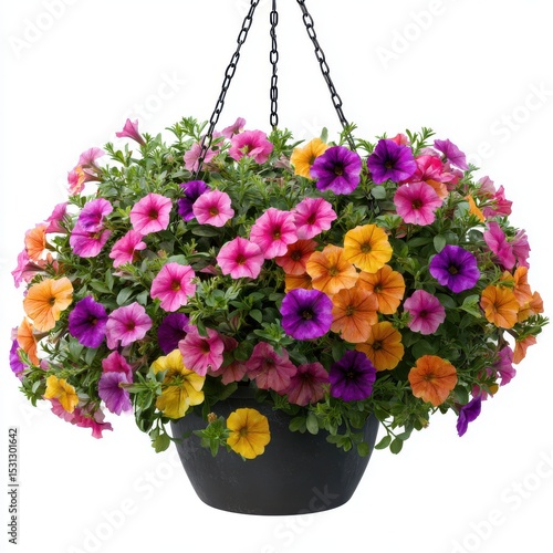 Colorful petunia hanging basket isolated on white background