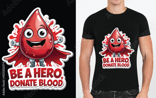 Cheerful Blood Drop Superhero Urging Blood Donation, Promoting Heroism and Saving Lives