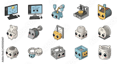 Vector icons Set of  Adorable Cartoon 3D Printing Machines and Related Objects with Cute Expressions. Vector Illustrations