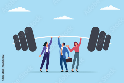 Vector illustration of a group of business people lifting a large barbell above their heads, representing teamwork, unity, shared strength, and the power of collaboration in business
