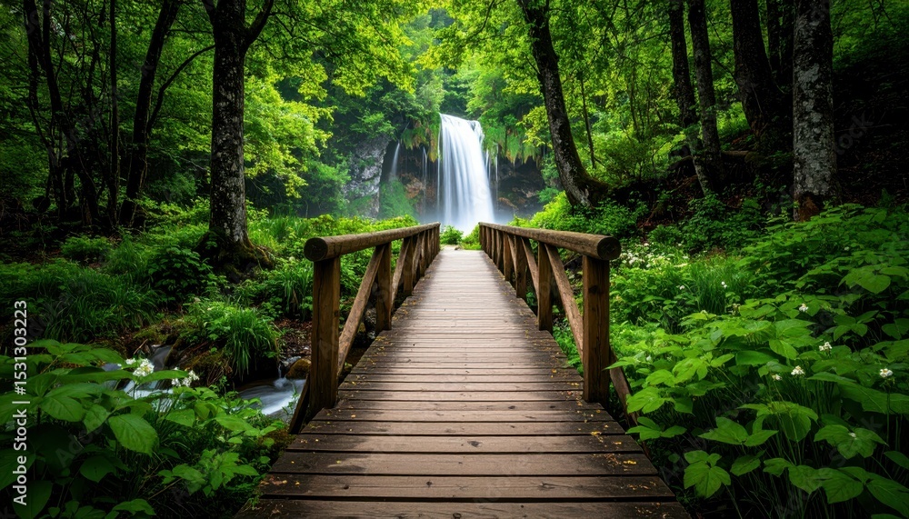 Obraz premium Serene Pathway to a Secluded Waterfall in a Lush Green Forest