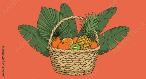 Woven basket with tropical fruits and palm fronds on red background