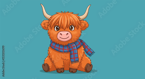 Whimsical cartoon Highland cow with plaid scarf on light green background