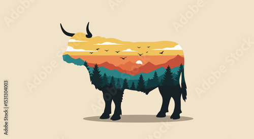 Black cow illustration with vivid natural landscape and mountains at sunrise or sunset